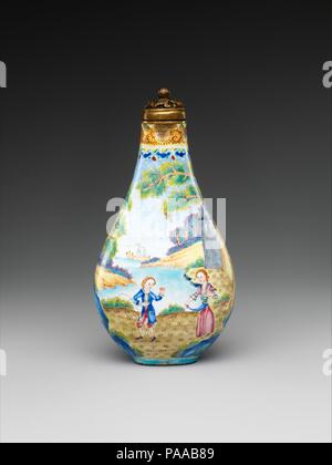 Snuff bottle with European figures. Culture: China. Dimensions: H. 2 7/8 in. (7.3 cm); W. 1 1/2 in. (3.8 cm); D. 1 in. (2.5 cm).  This snuff bottles illustrates the frequent contact between China and the West during the Qing dynasty (1644-1911), when not only the technique, painted enamel, but also the decorative motifs, Western figures in a landscape setting, were introduced from Europe. Museum: Metropolitan Museum of Art, New York, USA. Stock Photo