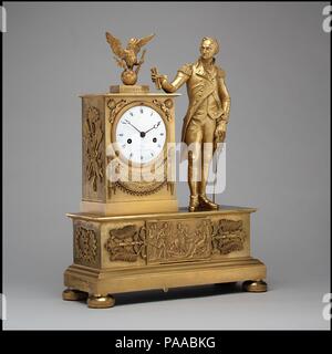 Clock. Dimensions: 19 x 14 1/8 in. (48.3 x 35.9 cm). Maker: Dubuc (active ca. 1780-1819). Date: 1815-20.  After the War of 1812 imported French clocks in gilt-bronze cases depicting allegorical subjects were marketed extensively in America, especially in New York. The standing figure of Washington is based on John Trumbull's painting 'George Washington before the Battle of Trenton' (22.45.9), which was well known in Europe through engravings. The clock is replete with patriotic symbolism, including the seal of the United States and the eulogy under the dial taken from Major General Henry Lee's Stock Photo