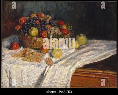 Apples and Grapes. Artist: Claude Monet (French, Paris 1840-1926 Giverny). Dimensions: 26 5/8 x 35 1/4 in. (67.6 x 89.5 cm). Date: 1879-80.  This is one of three tabletop still lifes depicting a basket of apples and grapes that Monet painted in 1879-80, when a spell of bad weather forced him to retreat indoors. In late November 1879, his future stepdaughter Marthe Hoschedé took note of a 'painting of fruits' in progress, when she recorded that Monet was 'working hard at his still lifes which are very pretty.'. Museum: Metropolitan Museum of Art, New York, USA. Stock Photo