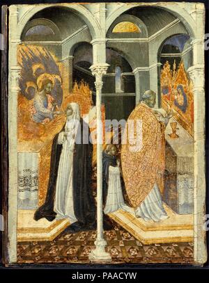 The Miraculous Communion of Saint Catherine of Siena. Artist: Giovanni di Paolo (Giovanni di Paolo di Grazia) (Italian, Siena 1398-1482 Siena). Dimensions: 11 3/8 x 8 3/4 in. (28.9 x 22.2 cm).  These three panels belong to a series from the base (predella) of a large altarpiece and constituted the first extensive narrative cycle of Catherine of Siena, a Sienese mystic as well as minister to the poor and plague-stricken. They were commissioned after her canonization in 1460 and are based on the biography written by her confessor, Raymond of Capua. Among the most notable features is the way spac Stock Photo