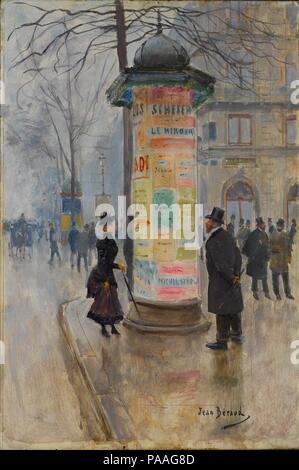 Parisian Street Scene. Artist: Jean Béraud (French, St. Petersburg 1849-1936 Paris). Dimensions: 15 1/4 x 10 1/2 in.  (38.7 x 26.8 cm). Date: ca. 1885.  This painting shows a view of a Parisian street corner on a gray, winter day. A typical Parisian scene, as Beraud's straightforward paintings most commonly were, this painting evokes bustling activity in the background and an exchange of gazes in the foreground. A stylish woman dressed in black peruses a poster-covered kiosk, its orange tones contrasting to the otherwise silvery tones of the painting. To her right, another man who momentarily  Stock Photo