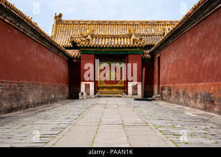 One of the many corridor with beautiful painted doors in the Forbidden City, Beijing Stock Photo