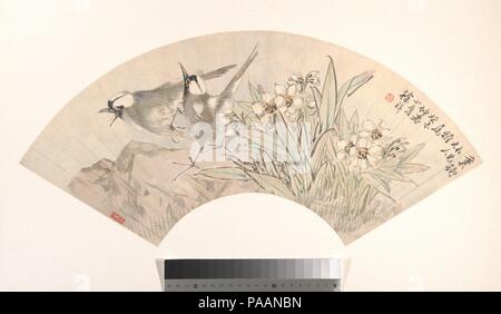Birds and Narcissus. Artist: Xu Xiang (Chinese, 1850-1899). Culture: China. Dimensions: 7 1/4 x 21 in. (18.4 x 53.3 cm). Date: dated 1883.  Xu Xiang was first a student of Qian Huian, but later studied with Ren Yi and adopted a freer brush technique.  In this fan, the easy naturalism of the pair of birds, whose white markings are used like highlights, contrasts with the rather still flower cluster frontally depicted in outline technique.  Juxtaposition of different techniques and a strange lack of consistent scale combine to produce a picture that does not quite hold together, but it nonethele Stock Photo
