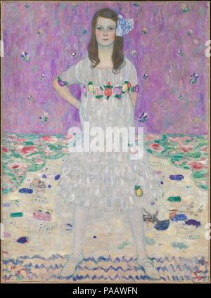 Mäda Primavesi (1903-2000). Artist: Gustav Klimt (Austrian, Baumgarten 1862-1918 Vienna). Dimensions: 59 x 43 1/2 in. (149.9 x 110.5 cm). Date: 1912-13.  Mäda Primavesi's expression and posture convey a remarkable degree of confidence for a nine-year-old girl, even one who was, by her own account, willful and a tomboy. Klimt made numerous preliminary sketches for this portrait, experimenting with different poses, outfits, and backgrounds before deciding to show Mäda standing tall in a specially-made dress amid a profusion of springlike patterns. The picture testifies to the sophisticated taste Stock Photo