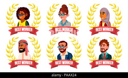 Best Worker Employee Set Vector. Man, Woman. Arab, Turkish, European, Afro American. Award Of The Year. Gold Wreath. The Most Great Results. Smiling. Leader Business Cartoon Illustration Stock Vector