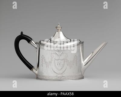 Teapot. Culture: American. Dimensions: Overall: 7 9/16 x 12 5/8 in. (19.2 x 32.1 cm); 24 oz. 2 dwt. (750 g)  Base: 6 9/16 x 4 7/16 in. (16.7 x 11.3 cm). Maker: John A. Schanck (New Jersey 1774-1864 New Jersey). Date: ca. 1795. Museum: Metropolitan Museum of Art, New York, USA. Stock Photo