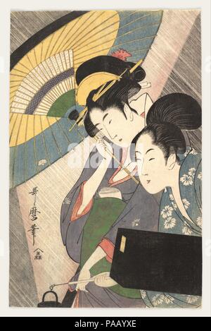 Two Women Under an Umbrella. Artist: Kitagawa Utamaro (Japanese, ca. 1754-1806). Culture: Japan. Dimensions: H. 14 3/4 in. (37.5 cm); W. 9 5/8 in. (24.4 cm). Date: 1790s.  The huge form of an umbrella accentuates the half-length figures of a geisha and her maid, carrying a shamisen case. It is night, and they walk into the driving rain. The heavy, steady rain is rendered in fine ink lines over the background of darkness, bisected by an angular swath of soft light from the lantern.  Utamaro, a prolific ukiyo-e artist, was fascinated by themes of daily life as well as by beautiful women. Museum: Stock Photo