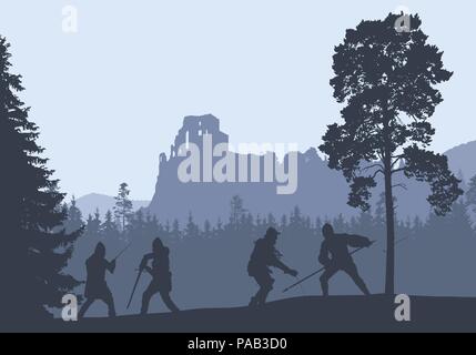 Silhouettes of four warriors fighting in a forest under the ruins of a medieval castle - vector Stock Vector