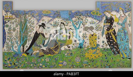 Garden Gathering. Dimensions: Panel with tabs: H. 41 in. (104.1 cm)   W. 74 in. (188 cm)   D. 2 1/2 in. (6.4 cm)   Wt. 400 lbs.  Each tile: H. 8 7/8 in. (22.5 cm)  W. 8 7/8 in. (22.5 cm). Date: 1640-50.  At the center of this scene, a lady leans on a bolster pillow and languidly holds out a filled cup. Making somewhat immodest eye contact with the viewer, she displays burn marks, associated with mystics and lovers, on her lower arms. A male figure in European dress and hat, perhaps a merchant, kneels before her. The other figures offer refreshments and conversation. Museum: Metropolitan Museum Stock Photo