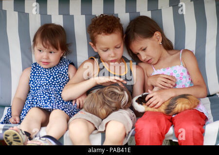 three children are sitting in a hammock and playing her guinea pig pet animal Stock Photo