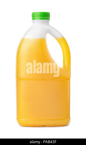 Side view of plastic orange juice bottle isolated on white Stock Photo
