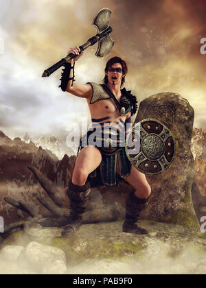 Fantasy scene showing a Celtic warrior with an axe and shield standing in the mountains. 3D render. Stock Photo