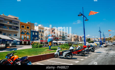 Tarragona, Spain - July 11, 2018: Bars and restaurants on the Moll de Pescadors seaside street near the Tarragona port Stock Photo