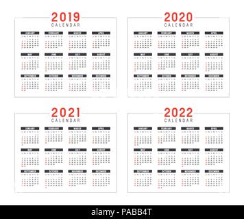 Set of minimalist calendars, years 2019 2020 2021 2022, weeks start Sunday, on white background - Vector templates. Stock Vector
