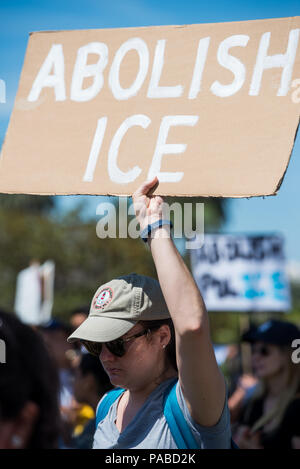 Los Angeles, USA. 23rd July, 2018. Hundreds march in support for immigrant rights at the “Families Belong Together” rally at MacArthur Park in Los Angeles. Credit: Christian Monterrosa/Pacific Press/Alamy Live News Stock Photo