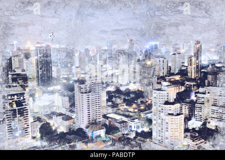 Abstract Night city and offices building in city on oil paint background. Stock Photo