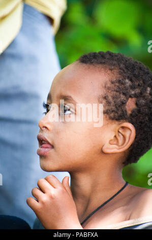 OMO VALLEY, ETHIOPIA - SEP 20, 2011: Portrait of an unidentified Ethiopian curious boy in Ethiopia, Sep.20, 2011. People in Ethiopia suffer of poverty Stock Photo