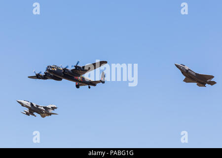 Homage to the Dambusters Squadron featuring the Lancaster bomber, a Tornado GR4 and the new F-35b Lightning II.  Captured at the 2018 Royal Internatio Stock Photo