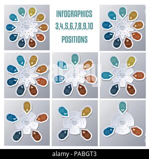 Set 8 templates, Business Infographic Points arranged in circle for business conceptual cyclic processes on  3, 4, 5, 6, 7, 8, 9, 10 positions possibl Stock Vector