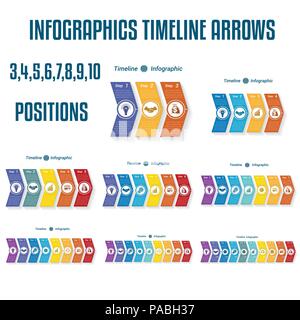 Set 8 templates, Colorful Timeline arrows Infographics for business conceptual cyclic processes on  3, 4, 5, 6, 7, 8, 9, 10 positions possible to use  Stock Vector