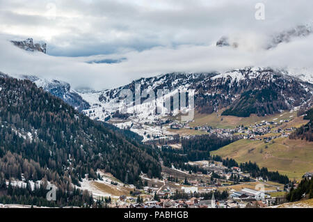 Beautiful view of the Dolomites mountains around Corvara. Alta Badia is the highest part of the Badia Valley in the Trentino Alto Adie region. Stock Photo