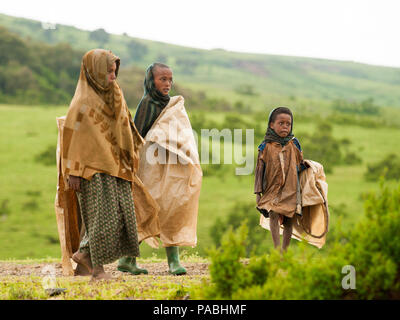 AKSUM, ETHIOPIA - SEPTEMBER 22, 2011: Unidentified Ethiopian children walk with the natural background. People in Ethiopia suffer of poverty due to th Stock Photo