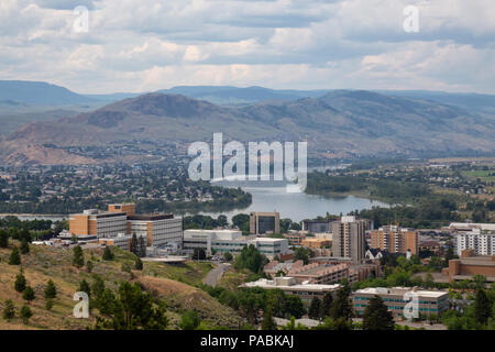 Aerial view of Kamloops City during a cloudy summer day. Located in Interior BC, Canada. Stock Photo