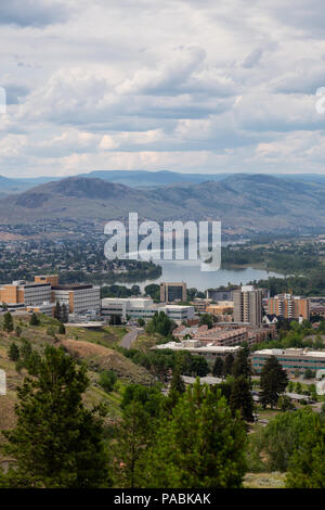 Aerial view of Kamloops City during a cloudy summer day. Located in Interior BC, Canada. Stock Photo