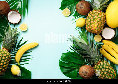 Exotic pineapples, ripe coconuts, tropical palm and green monstera leaves on blue background with copyspace for your text. Creative layout. Summer con Stock Photo