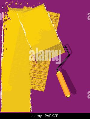 painting of violet walls with a roller with yellow paint Stock Vector