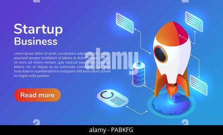 Infographics 3d isometric web banner launches a space rocket. Startup business concept. Stock Vector