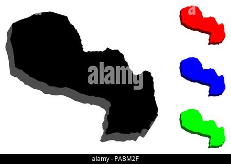 3D map of Paraguay (Republic of Paraguay) - black, red, blue and green - vector illustration Stock Vector