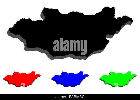 3D map of Nepal Mongolia - black, red, blue and green - vector illustration Stock Vector