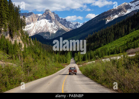 Scenic road in the Canadian Rockies during a vibrant sunny summer day. Taken in Yoho National Park, British Columbia, Canada. Stock Photo