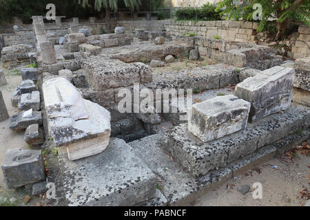 The ruins of the Aphrodite Temple from the 3rd century BC in the old town of Rhodes, Greece. Stock Photo