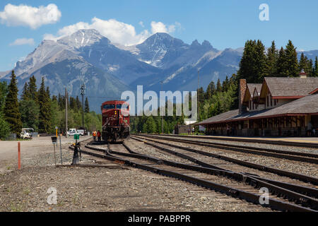 Banff, Alberta, Canada - June 20, 2018: Train Station in the City during a sunny summer day. Stock Photo