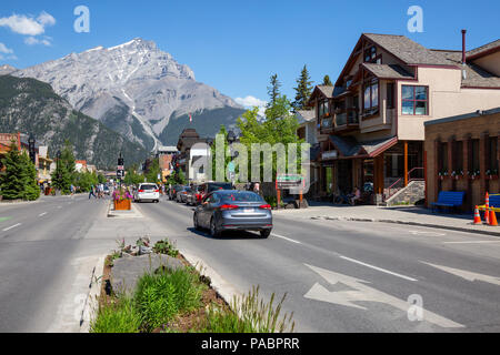 Banff, Alberta, Canada - June 20, 2018: Downtown of a Touristic City during a sunny summer day. Stock Photo