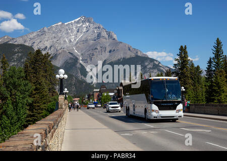 Banff, Alberta, Canada - June 20, 2018: View of the bridge in the city during a sunny summer day. Stock Photo