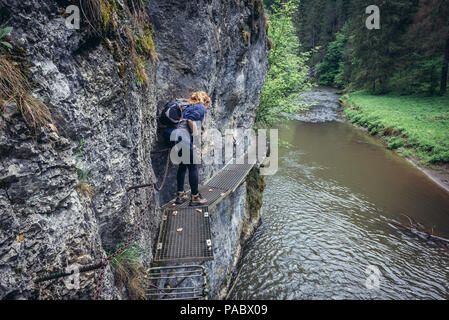 Tourist on a Hiking trail Prielom Hornadu, along canyon of Hornad River in Slovak Paradise National Park, north part of Slovak Ore Mountains Stock Photo