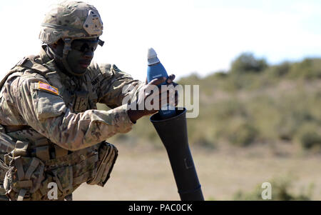 U.S. Army Pvt. Bryan Philip, a mortarman assigned to 1st Battalion, 503rd Infantry Regiment, 173rd Airborne Brigade, loads an M252 81mm Medium Weight Mortar System during Exercise Sky Soldier 16, March 4, 2016, at Chinchilla training area in Spain. The 173rd Airborne Brigade is the U.S. Army’s Contingency Response Force in Europe, providing rapidly deploying forces to the U.S. Army Europe, Africa and Central Command Areas of Responsibility within 18 hours. The Brigade routinely trains alongside NATO allies and partners to build stronger relationships and strengthen the alliance. (Photo by Staf Stock Photo