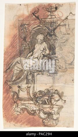 Design for a sepulchral monument with a seated female figure; verso: Design for a statue of a standing male figure and fragment of a letter. Artist: Pieter Verbruggen the Younger (Flemish, Antwerp 1648-1691 Antwerp). Dimensions: sheet: 7 3/4 x 4 1/2 in. (19.7 x 11.5 cm). Former Attribution: Formerly attributed to Anonymous, Flemish, 17th century; Formerly attributed to Michiel van der Voort (Flemish, 1667-1737) (?). Date: late 17th-early 18th century. Museum: Metropolitan Museum of Art, New York, USA. Stock Photo