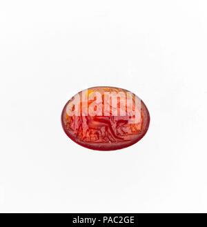 Carnelian ring stone. Culture: Roman. Dimensions: Length: 1/2 in. (1.3 cm). Date: ca. 1st century B.C.-3rd century A.D..  Herakles sitting on a rock holding his son Telephos. Museum: Metropolitan Museum of Art, New York, USA. Stock Photo
