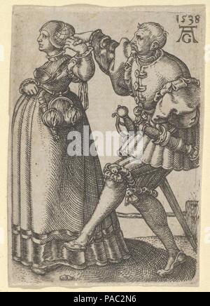 Dancing Couple, with the Male Figure Mid-Step, from The Small Wedding Dancers. Artist: Heinrich Aldegrever (German, Paderborn ca. 1502-1555/1561 Soest). Dimensions: Sheet: 2 1/8 × 1 1/2 in. (5.4 × 3.8 cm). Date: 1538. Museum: Metropolitan Museum of Art, New York, USA. Stock Photo