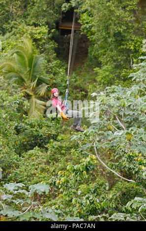 Woman, 38, riding a zipline through the jungle, Samaná province, Dominican Republic Stock Photo