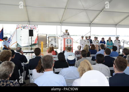 Rear Adm. Scott Buschman, commander of the Coast Guard's 7th District addresses the audience during the commissioning of the Coast Guard Cutter Winslow Griesser in San Juan, Puerto Rico March 11, 2016. The ship's namesake is Capt. Winslow Griesser, who was awarded the Coast Guard Gold Life Saving Medal for saving a man from perilous seas during a gale-force-wind storm off Buffalo, N.Y., Nov. 21, 1900. (U.S. Coast Guard photo by Ricardo Castrodad) Stock Photo