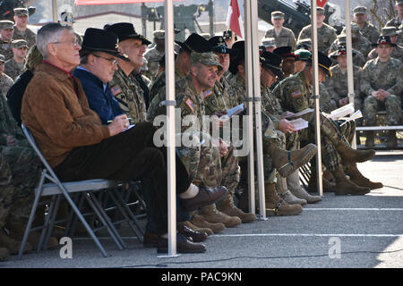 Retired Lt. Gen. Leonard D. Holder (far left,) the 65th Colonel of the Regiment and Retired Lt. Col. Timothy Gauthier (left,) former scout platoon leader with Eagle Troop, sits alongside leadership assigned to 2nd Squadron, 2nd Cavalry Regiment, during the squadron's Battle of 73 Easting commemoration ceremony held at Rose Barracks, Germany, Mar. 11, 2016. The event was in celebration of the 25th anniversary of the unit's historic Operation Desert Storm victory and commemorated the history of the longest serving Cavalry Regiment in the United States Army. (U.S. Army photo by Sgt. William A. Ta Stock Photo