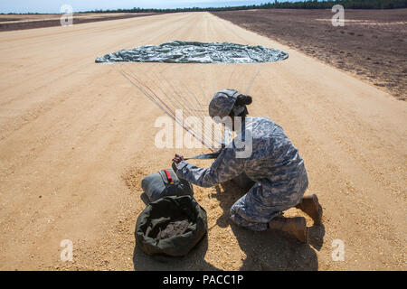 A paratrooper stows her parachute after jumping from New Jersey Army National Guard UH-60 Black Hawks with the 1-150th Assault Helicopter Battalion in a joint training airborne operation with paratroopers from the U.S. Army Reserves’ 353rd Civil Affairs Command, 304th Civil Affairs Brigade, 404th Civil Affairs Battalion (Airborne) and the 450th Civil Affairs Battalion, along with Joint Tactical Air Control Airmen from the New Jersey Air National Guard's 227th Air Support Operations Squadron and the New York Air National Guard's 274th Air Support Operations Squadron at Coyle Drop Zone, Joint Ba Stock Photo