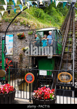 Carriage descending to the Lynmouth end of the 1888 Lynton to Lynmouth cliff railway. Stock Photo