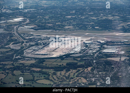 Aerial shot from a plane window of an airport in Manchester Stock Photo