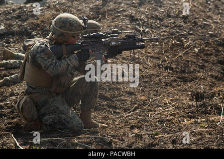 A Marine with Bravo Company, Battalion Landing Team 1st Battalion, 5th Marines, 31st Marine Expeditionary Unit sights in down range during scenario based platoon-size attack training in Su Song Ri, Pohang, Republic of Korea, March 15, 2016 as part of Ssang Yong 16,  a biannual military exercise focused on strengthening the amphibious landing capabilities of the Republic of Korea, the U.S., New Zealand and Australia. The Marines and sailors of the 31st MEU are currently on their spring deployment to the Asia-Pacific region. (U.S. Marine Corps photo by Cpl. Samantha Villarreal/Released) Stock Photo